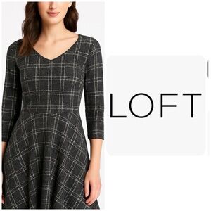 LOFT Gray and White Plaid Fit and Flare Dress